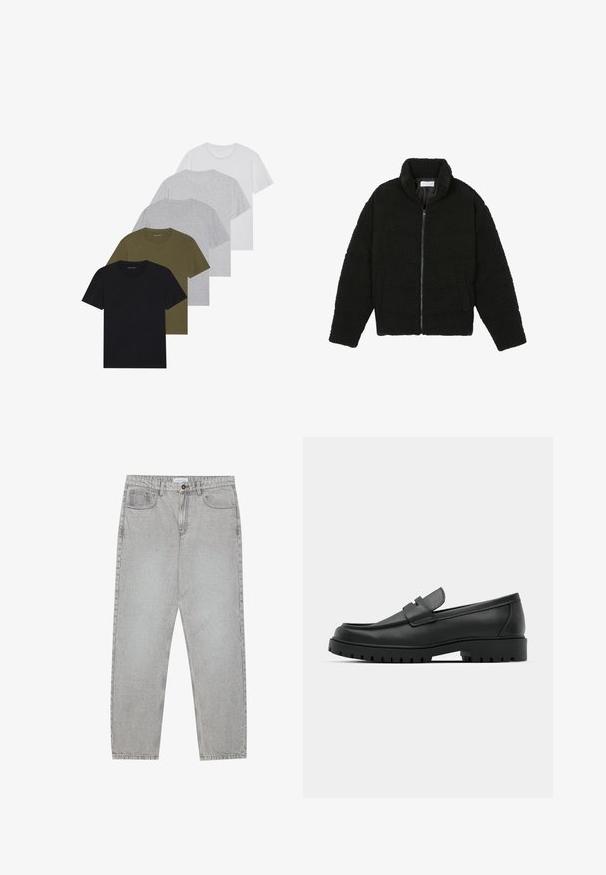 Black, fluffy, zip-up jacket made from textured fleece fabric. Features a high collar and side pockets. Rectangular body shape with long sleeves.; Five crew neck t-shirts in black, olive, light gray, dark gray, and white. Made of soft fabric with short sleeves and a relaxed fit.; Light grey denim pants with a straight-leg design, five-pocket styling, and a button closure. Visible stitching along the seams.; Black leather loafers with a rounded toe, featuring a stitched design, low platform sole, and a textured, lugged rubber outsole.