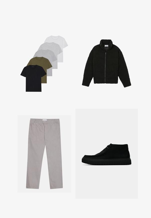 Pier One Fleecetakki - black; Viisi crew neck -t-paitaa mustana, oliivinvihreänä, vaaleanharmaana, tummanharmaana ja valkoisena. Valmistettu pehmeästä kankaasta, lyhyillä hihoilla ja rentona istuvuutena.; Vaaleanharmaat puuvillahousut, joissa on joustava vyötärö, kaksi sivutaskua, suora lahjemuoto ja sileä pinta. Yksinkertainen ompeluyksityiskohta.; Musta nilkkuri, joka on valmistettu pehmeästä materiaalista, pyöreällä kärjellä, vähäisellä nauhoituksella ja teksturoidulla kumipohjalla, jossa on pystysuorat urat.