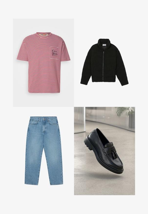 Pier One Fliisjakk - black; Punane ja valge triibuline T-särk ümmarguse kaelusega. Sobilik vasakul rinnataskus on tikitud tekst. Valmistatud puuvillast kangast.; Pier One Loose fit teksad - dark blue denim; Mustad nahast mokassiinid, millel on sile viimistlus, dekoratiivne tutt, paks kummist tald ja õmmeldud detailid. Kerge ja voolujooneline disain.