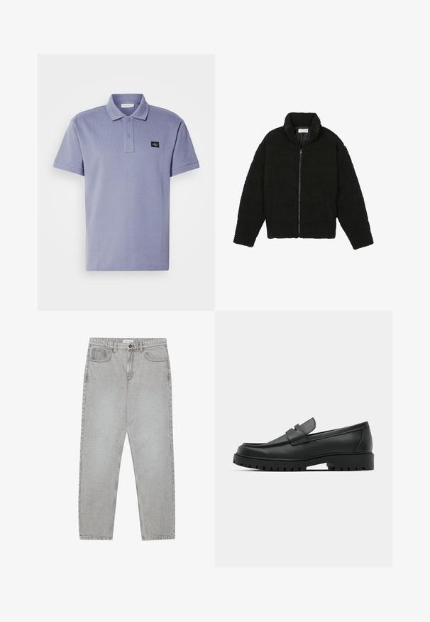 Casaco preto, fofo, com fecho e confeccionado em tecido de lã texturizada. Apresenta gola alta e bolsos laterais. Forma retangular no corpo com mangas compridas.; Polo de cor lilás claro, feito de tecido texturizado, com uma pala de três botões e um pequeno emblema preto no lado esquerdo do peito.; Calças de ganga cinza claro com um design de perna reta, estilo de cinco bolsos e fecho com botão. Costura visível ao longo das costuras.; Sapatilhas de couro preto com bico arredondado, apresentando um design cosido, sola de plataforma baixa e um solado de borracha texturizado e com cravos.