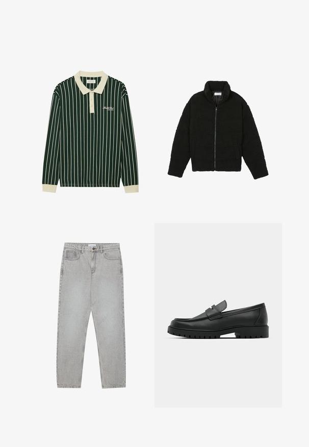 Černá, nadýchaná bunda na zip vyrobená z texturované fleecové látky. Má vysoký límec a boční kapsy. Obdélníkový tvar těla s dlouhými rukávy.; Pánská polo košile s dlouhým rukávem v tmavě zelené barvě s bílými svislými pruhy. Obsahuje béžový límec, zapínání na tři knoflíky a vyšitý logo.; Světlé šedé džíny s rovnými nohavicemi, pět kapsami a knoflíkovým zapínáním. Viditelné švy podél švů.; Černé kožené mokasíny s kulatou špičkou, zdobené prošitím, s nízkou platformou a texturovanou gumovou podrážkou s drážkováním.