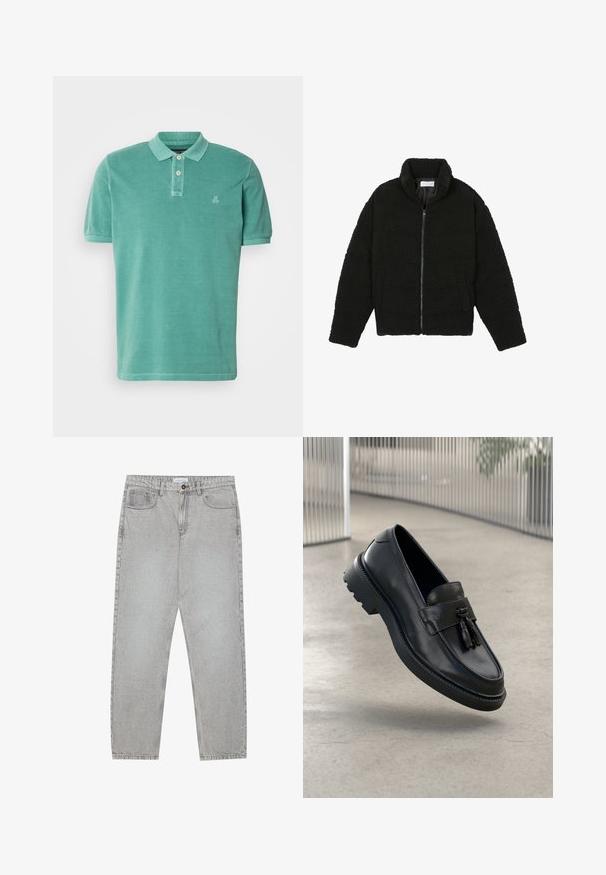 Must, kohev lukuga jope, valmistatud tekstureeritud fliiskangast. Omadusteks kõrge krae ja küljetaskud. Ristkülikukujuline keha pikkade varrukatega.; Teal värvi polo särk, valmistatud puuvillast, klassikalise krae, kahe nööbiga nööpaua ja väikese logoga vasakpoolsel rinnal.; Heledad hallide denimpüksid otse säärekujundusega, viie-taskulise stiliseerimise ja nupukinnitusega. Nähtav õmblus kõrvuti.; Mustad nahast mokassiinid, millel on sile viimistlus, dekoratiivne tutt, paks kummist tald ja õmmeldud detailid. Kerge ja voolujooneline disain.