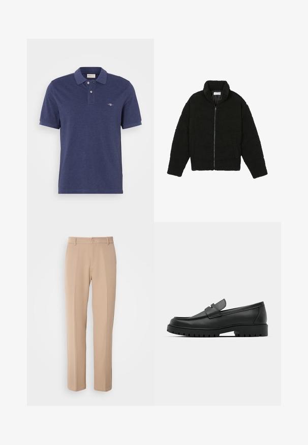 Zwarte, pluizige jas met ritssluiting gemaakt van gestructureerde fleece stof. Heeft een hoge kraag en zijzakken. Rechthoekige lichaamsvorm met lange mouwen.; Marineblauwe polo gemaakt van katoen, met een klassieke kraag, twee knopen en een klein geborduurd logo op de borst.; Beige broek gemaakt van gladde stof, met een rechte pasvorm, een sluiting met een knoop aan de voorkant en subtiele plis details aan de voorkant.; Zwarte leren instappers met een ronde neus, voorzien van een gestikt ontwerp, een lage platformzool en een gestructureerde, grof rubberen buitenzool.