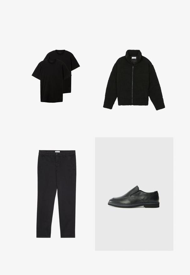 Black, fluffy, zip-up jacket made from textured fleece fabric. Features a high collar and side pockets. Rectangular body shape with long sleeves.; Black cotton t-shirts, crew neck, short sleeves, relaxed fit, featuring a small logo on the lower left side, sold as a set of two.; Black cotton trousers with a slim fit, featuring two side pockets and a front button closure. Textured fabric with subtle detailing.; Black leather slip-on shoe with a smooth upper, stitched accents, rounded toe, and a low rubber heel. Sole features minimal tread.