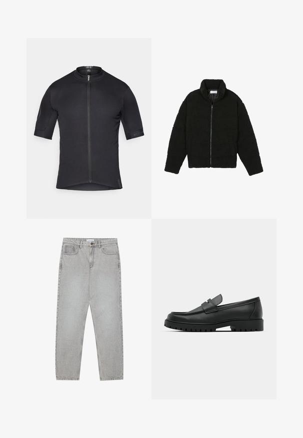 Pier One Flīsa jaka - black; Vīriešu velosipēda krekls, īsām piedurknēm, melnā krāsā, viegla auduma, teksturētiem pleciem, ar priekšējo rāvējslēdzēju, pieguļošs dizains, plakaniem šuvēm, ar smalku zīmola apzīmējumu.; Gai pelēko džinsu bikses ar taisnajām kājām, piecu kabatu stilu un pogu aizdari. Redzama šuvju apstrāde gar šuvēm.; Melnas ādas loafers ar noapaļotu purngalu, ar izšūtu dizainu, zemu platformas zoli un teksturētu, rievotu gumijas ārējo zoli.