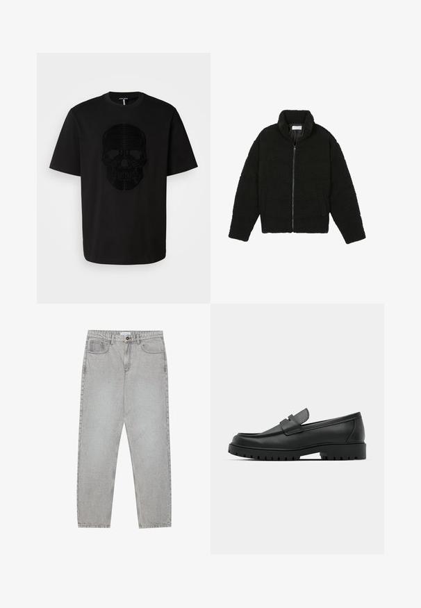 Czarna, puszysta kurtka zapinana na zamek, wykonana z teksturowanego polaru. Posiada wysoki kołnierz i boczne kieszenie. Prostokątny kształt sylwetki z długimi rękawami.; Czarna bawełniana koszulka z krótkim rękawem z teksturowanym czarnym wzorem czaszki na przodzie. Okrągły dekolt; prosty krój na dole.; Jasnoszare dżinsy o prostym kroju nogawki, z pięcioma kieszeniami i zapięciem na guzik. Widoczne szwy wzdłuż szwów.; Czarne skórzane mokasyny z zaokrąglonym noskiem, posiadające przeszywany wzór, niską platformę oraz teksturowaną, gumową podeszwę z bieżnikiem.