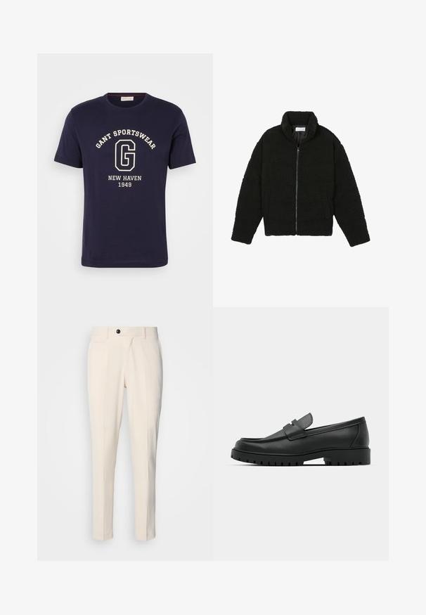 Črna, puhasta jakna z zadrgo, narejena iz teksturirane flis tkanine. Ima visok ovratnik in stranske žepe. Pravokotna oblika telesa z dolgimi rokavi.; Mornarsko bombažno majico z belim grafičnim motivom, ki vsebuje napise "GANT SPORTSWEAR", "NEW HAVEN" in "1949". Ima okroglo ovratnik in kratke rokave.; Beige hlače z ravnim sprednjim delom, zapiranjem na en gumb in dvema poševnima stranskima žepoma. Gladek material s ozkim krojem in zoženim nogavico.; Črne usnjene loafers čevlje z zaobljenim nosom, ki imajo šivano zasnovo, nizko platformo in teksturiran, profiliran gumijast podplat.