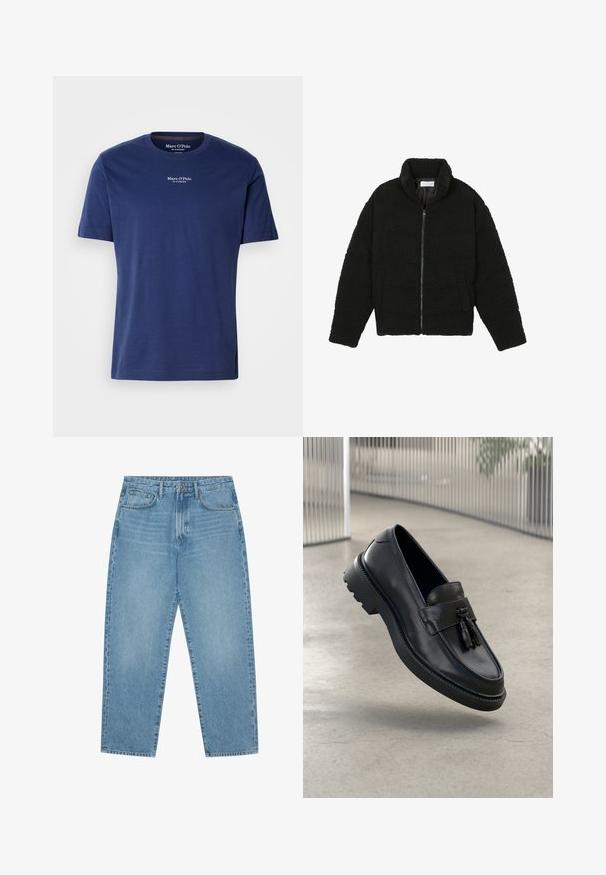 Must, kohev lukuga jope, valmistatud tekstureeritud fliiskangast. Omadusteks kõrge krae ja küljetaskud. Ristkülikukujuline keha pikkade varrukatega.; Tumed sinine puuvillane T-särk lühikeste varrukatega, ümar kaelus ja väike valge logo rinnal. Sile tekstuur ja lõdva lõikega.; Hele sinised teksapüksid sirge säärega, viie taskuga disain ja kergelt tuhmunud tekstuuriga. Varustatud nupuga ja luku sulgemisega.; Mustad nahast mokassiinid, millel on sile viimistlus, dekoratiivne tutt, paks kummist tald ja õmmeldud detailid. Kerge ja voolujooneline disain.