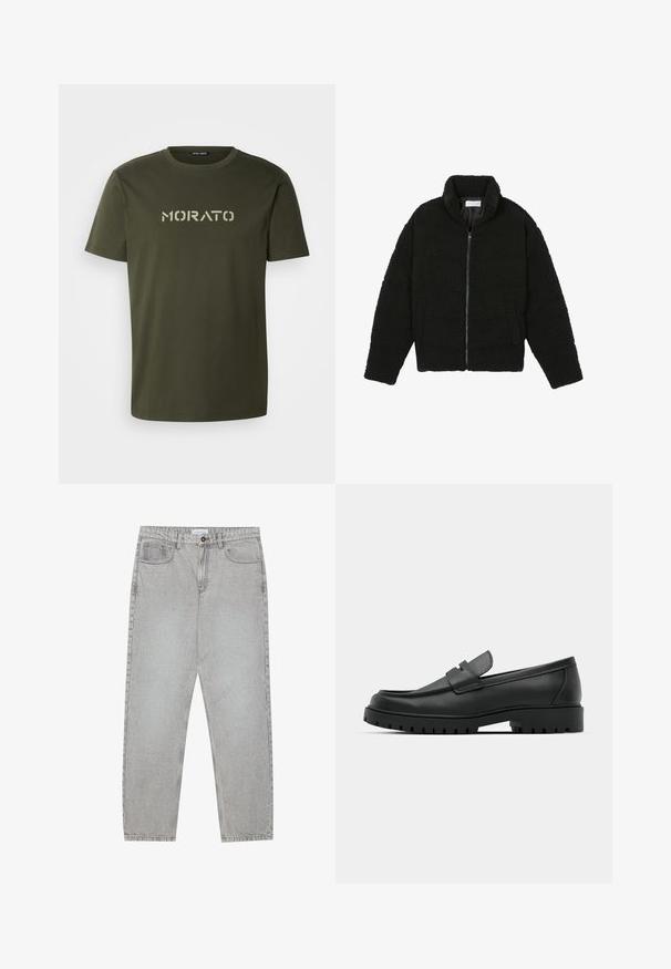 Crna, mekana jakna na patent izrađena od tkanine teksturiranog flisa. Ima visok ovratnik i bočne džepove. Pravokutnog je kroja s dugim rukavima.; Antony Morato REGULAR FIT WITH LOGO - Majica kratkih rukava s printom - olive; Svijetlosivi traper hlače s ravnim nogavicama, stilom s pet džepova i kopčanjem na gumb. Vidljivo šivenje duž šavova.; Crne kožne mokasine s zaobljenim vrhom, s ušivenim dizajnom, niskom platformom i teksturiranim, gumenim potplatom s izbočinama.