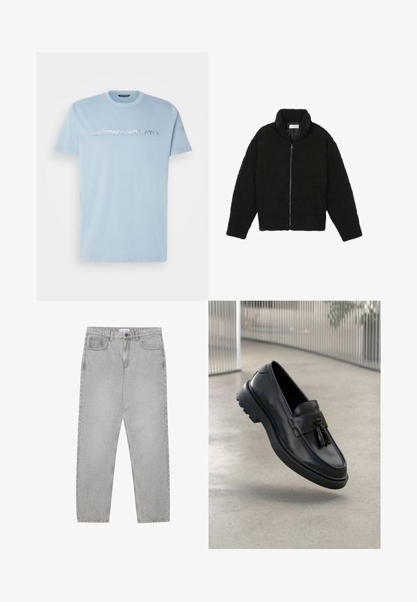 Sort, luftig, lynlåstrøje lavet af tekstureret fleece-stof. Har en høj krave og sidelommer. Rektangulær kropsform med lange ærmer.; Lyseblå bomulds T-shirt med korte ærmer, der har et sølvlogo "ANTONY MORATO" på tværs af brystet i en fed, moderne skrifttype.; Lysegrå denimbukser med lige ben, fem lommer og knaplukning. Synlig syning langs sømmene.; Sorte læderloafer med glat finish, dekorativ kvast, tyk gummisål og syede detaljer. Let og elegant design.
