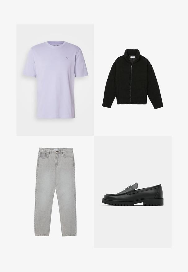 Casaco preto, fofo, com fecho e confeccionado em tecido de lã texturizada. Apresenta gola alta e bolsos laterais. Forma retangular no corpo com mangas compridas.; T-shirt de algodão lilás claro com gola redonda, mangas curtas e um pequeno logótipo bordado no peito. Textura suave e corte padrão.; Calças de ganga cinza claro com um design de perna reta, estilo de cinco bolsos e fecho com botão. Costura visível ao longo das costuras.; Sapatilhas de couro preto com bico arredondado, apresentando um design cosido, sola de plataforma baixa e um solado de borracha texturizado e com cravos.
