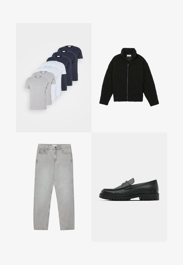 Črna, puhasta jakna z zadrgo, narejena iz teksturirane flis tkanine. Ima visok ovratnik in stranske žepe. Pravokotna oblika telesa z dolgimi rokavi.; Šest kratkih rukava majica v sivi, svetlo modri in mornarsko modri barvi, izdelanih iz bombaža. Vsaka ima okroglo ovratnik in običajen kroj.; Svetlo sivi traper hlače s ravnim krojem, pet žepov in gumbom za zapiranje. Vidno šivanje ob šivih.; Črne usnjene loafers čevlje z zaobljenim nosom, ki imajo šivano zasnovo, nizko platformo in teksturiran, profiliran gumijast podplat.