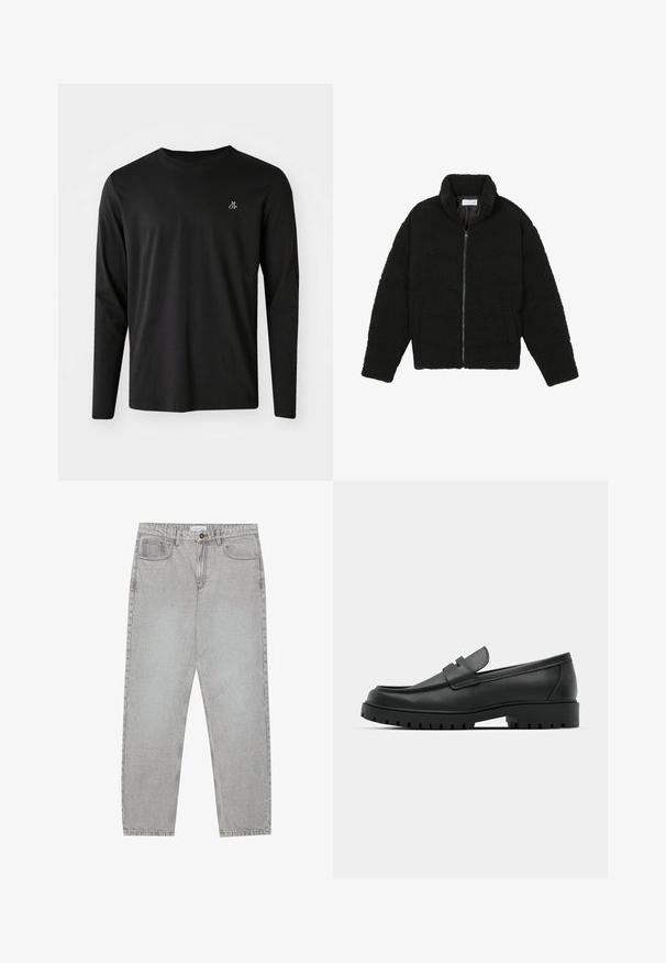 Black, fluffy, zip-up jacket made from textured fleece fabric. Features a high collar and side pockets. Rectangular body shape with long sleeves.; Black long-sleeve t-shirt made of cotton, featuring a crew neckline and a small white logo on the left chest area. Simple design.; Light grey denim pants with a straight-leg design, five-pocket styling, and a button closure. Visible stitching along the seams.; Black leather loafers with a rounded toe, featuring a stitched design, low platform sole, and a textured, lugged rubber outsole.