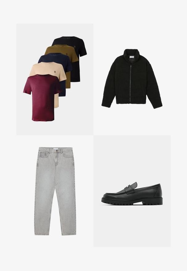 Črna, puhasta jakna z zadrgo, narejena iz teksturirane flis tkanine. Ima visok ovratnik in stranske žepe. Pravokotna oblika telesa z dolgimi rokavi.; Pet kratkih rukava srajc prikazanih u rdeči, bež, temno modri, olivno zeleni in črni barvi, z okroglim izrezom in majhnim logotipom na prsih.; Svetlo sivi traper hlače s ravnim krojem, pet žepov in gumbom za zapiranje. Vidno šivanje ob šivih.; Črne usnjene loafers čevlje z zaobljenim nosom, ki imajo šivano zasnovo, nizko platformo in teksturiran, profiliran gumijast podplat.