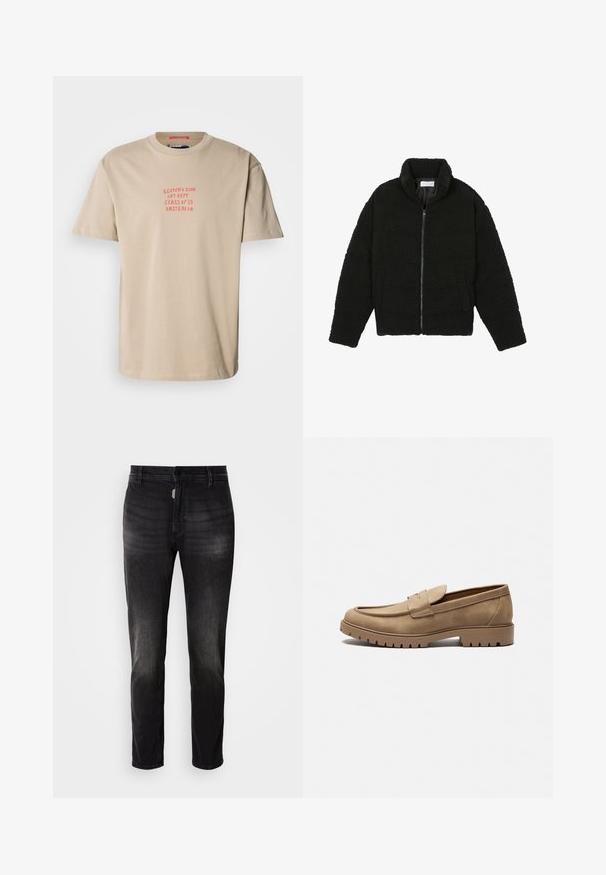 Sort, luftig, lynlåstrøje lavet af tekstureret fleece-stof. Har en høj krave og sidelommer. Rektangulær kropsform med lange ærmer.; Beige bomulds t-shirt med rund hals, korte ærmer og rød trykt tekst: "SCOTCH & SODA ART DEPT. CLASS OF '85 AMSTERDAM."; Sorte denimjeans med lige pasform, der har knaplukning, fem lommer og diskret falmning i stoffets tekstur.; Tan mockasiner i ruskind med rund tå, flad gummisål og dekorative syninger på overdelen. Har et slip-on design uden snørebånd.