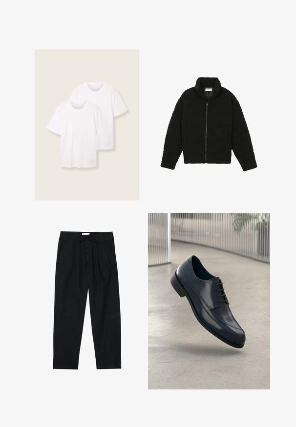 Casaco preto, fofo, com fecho e confeccionado em tecido de lã texturizada. Apresenta gola alta e bolsos laterais. Forma retangular no corpo com mangas compridas.; Duas t-shirts de algodão brancas com mangas curtas e decotes redondos, apresentando um detalhe de logo discreto perto da barra inferior.; Pier One Chinos - black; Sapato de dress em couro preto brilhante com atacadores, flutuando acima de um chão liso e cinza claro, com barras metálicas verticais ao fundo.