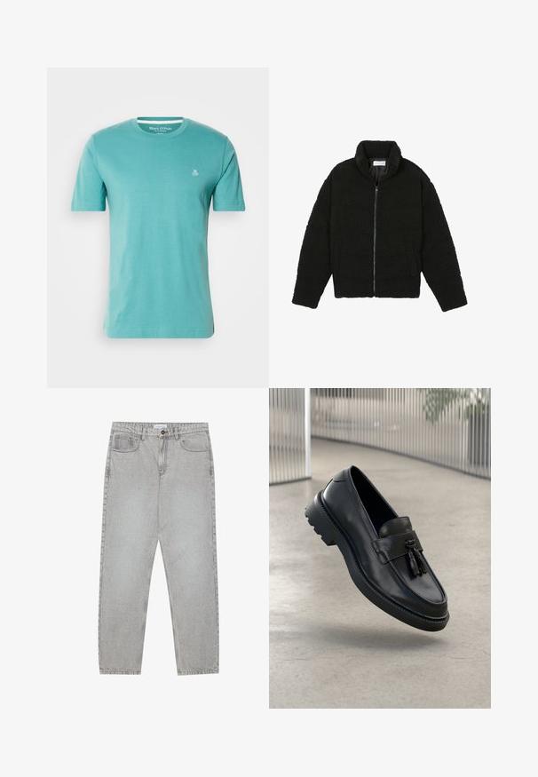 Sort, luftig, lynlåstrøje lavet af tekstureret fleece-stof. Har en høj krave og sidelommer. Rektangulær kropsform med lange ærmer.; Turkise T-shirt med korte ærmer lavet af bomuld, med rund hals og et lille hvidt "M OP" logo på brystet. Glat tekstur.; Lysegrå denimbukser med lige ben, fem lommer og knaplukning. Synlig syning langs sømmene.; Sorte læderloafer med glat finish, dekorativ kvast, tyk gummisål og syede detaljer. Let og elegant design.