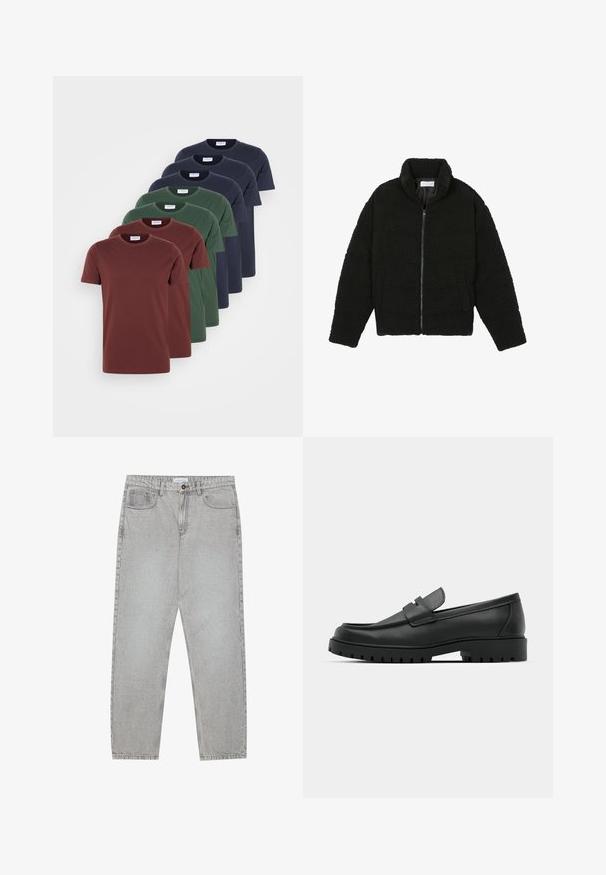 Svart, fluffy glidelåsjakke laget av teksturert fleece-stoff. Har høy krage og sidelommer. Rektangulær kropp med lange ermer.; Sett med fem t-skjorter med rund hals i burgunder, grønn og marineblå, laget av glatt bomullstoff med korte ermer og en avslappet passform.; Lys grå denimbukser med rett ben-design, fem lommer og knappelukking. Synlig søm langs sømmene.; Sorte lærloafere med rund tå, med en syddesign, lav plattformsåle og en teksturert, ruggede gummisåle.