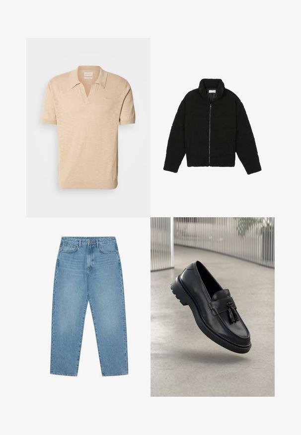 Melnā, pūkaina pārvelkama jaka no teksturēta flīsa auduma. Aprīkota ar augstu apkakli un sānu kabatām. Taisnstūra formas ķermenis ar garām piedurknēm.; Beige īsām piedurknēm polo krekls ar V-veida kakla izgriezumu, izgatavots no teksturēta auduma. Iekļauj diskrētu logotipu un ribota apakšmalas detaļas.; Gaiši zili džinsa rūtaini bikses ar taisnas kājas griezumu, piecu kabatu dizainu un nedaudz izbalējušu tekstūru. Aprīkotas ar pogu un rāvējslēdzēja aizdari.; Melnas ādas loaferi ar gludu apdari, dekoratīvu bārkstīm, biezu gumijas zolīti un izšūtām detaļām. Viegls un elegants dizains.