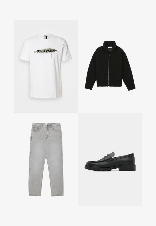 Jachetă neagră, pufoasă, cu fermoar, fabricată din material fleece texturat. Are un guler înalt și buzunare laterale. Formă dreptunghiulară a corpului cu mâneci lungi.; Tricou din bumbac alb, cu un logo îndrăzneț "ANTONY MORATO" în negru, accentuat cu vopsea spray verde, guler rotund și mâneci scurte.; Pantaloni din denim gri deschis cu un design cu picioare drepte, stil cu cinci buzunare și închidere cu nasture. Cusături vizibile de-a lungul cusăturilor.; Mocasini din piele neagră cu vârful rotunjit, având un design cusut, talpă joasă și o talpă din cauciuc texturat, cu crampoane.