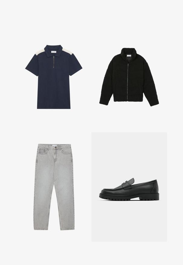 Svart, fluffy glidelåsjakke laget av teksturert fleece-stoff. Har høy krage og sidelommer. Rektangulær kropp med lange ermer.; Marineblå kortermet polo skjorte med hvite skulderpaneler og kvart glidelås på et strukturert stoff.; Lys grå denimbukser med rett ben-design, fem lommer og knappelukking. Synlig søm langs sømmene.; Sorte lærloafere med rund tå, med en syddesign, lav plattformsåle og en teksturert, ruggede gummisåle.