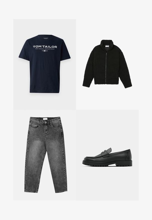Sort, luftig, lynlåstrøje lavet af tekstureret fleece-stof. Har en høj krave og sidelommer. Rektangulær kropsform med lange ærmer.; Marineblå bomulds T-shirt med fed hvid tekst: "TOM TAILOR THE CASUAL DEPARTMENT 1962." Kortærmet og rund halsudskæring.; Sorte vasket straight-leg jeans med for- og baglommer, bæltestropper og knaplukning i taljen.; Sorte læder loafers med rund tå, der har et syet design, lav platformssål og en struktureret, skridsikker gummisål.