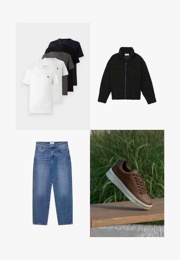 Casaco preto, fofo, com fecho e confeccionado em tecido de lã texturizada. Apresenta gola alta e bolsos laterais. Forma retangular no corpo com mangas compridas.; Cinco t-shirts de algodão de manga curta nas cores branca, cinza claro, cinza escuro, azul marinho e preta, com um pequeno logotipo no peito.; Jeans de ganga azuis com cintura alta, design de perna reta e acabamento desbotado. Apresenta cinco bolsos e fecho de botão.; Sapatilha de couro castanho com sola de borracha branca, bico redondo e atacadores castanhos. Superfície texturizada na sola e acabamento suave na parte superior.