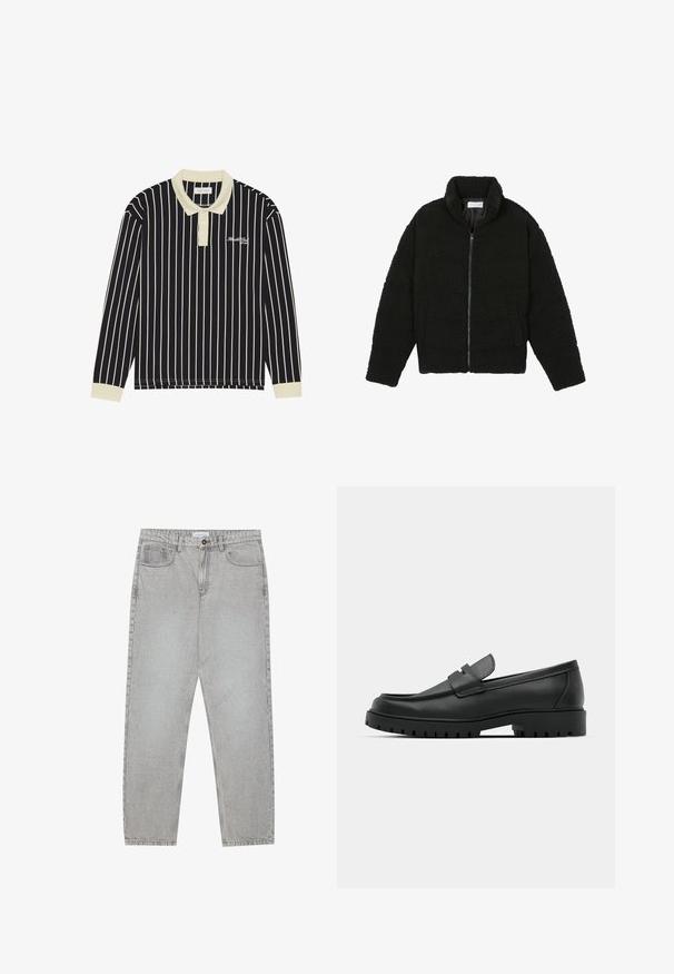 Čierna, nadýchaná bunda na zips vyrobená z textúrovaného fleecového materiálu. Má vysoký golier a bočné vrecká. Obdĺžnikový tvar tela s dlhými rukávmi.; Dlhý rukáv polo tričko s námorníckymi a krémovými vertikálnymi pruhmi, krémovým golierom, trojitou gombíkovou légou a vyšívaným logom na ľavej hrudi.; Svetlošedé denimové nohavice s rovným strihom, piatimi vreckami a zapínaním na gombík. Viditeľné švy pozdĺž švov.; Čierne kožené mokasíny s okrúhlou špičkou, s prešitým dizajnom, nízkou platformou a textúrovanou, zúbkovanou gumovou podrážkou.