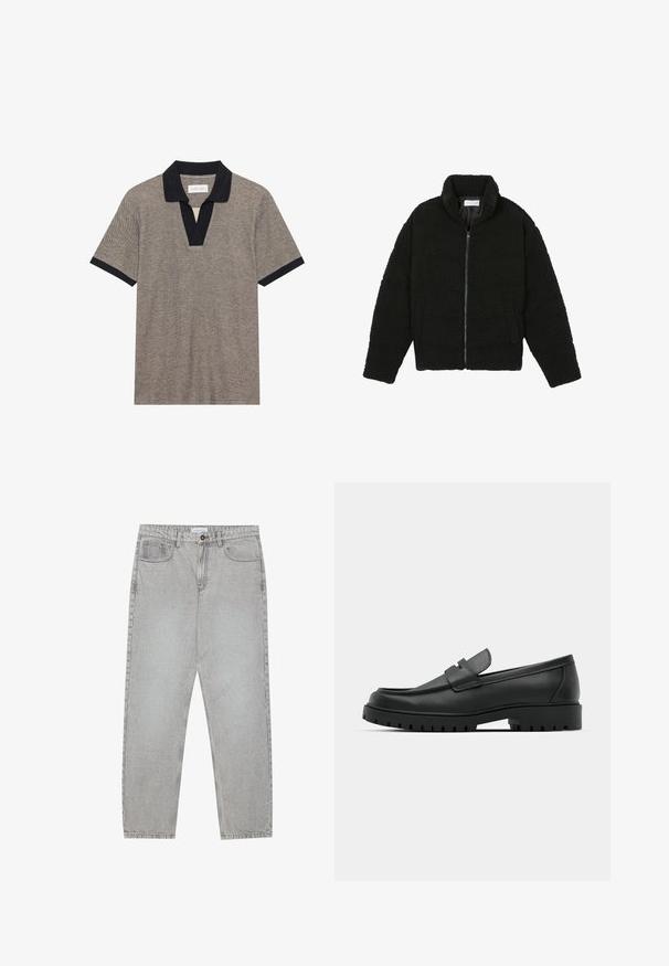 Casaco preto, fofo, com fecho e confeccionado em tecido de lã texturizada. Apresenta gola alta e bolsos laterais. Forma retangular no corpo com mangas compridas.; Camisa polo de manga curta em tecido texturizado bege com colarinho e tira em preto a contrastar. Apresenta um design em V e mangas ajustadas.; Calças de ganga cinza claro com um design de perna reta, estilo de cinco bolsos e fecho com botão. Costura visível ao longo das costuras.; Sapatilhas de couro preto com bico arredondado, apresentando um design cosido, sola de plataforma baixa e um solado de borracha texturizado e com cravos.