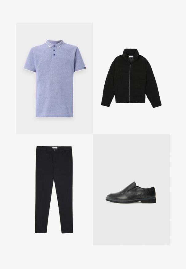 Černá, nadýchaná bunda na zip vyrobená z texturované fleecové látky. Má vysoký límec a boční kapsy. Obdélníkový tvar těla s dlouhými rukávy.; Polo tričko ve světle modré látce s krátkým rukávem, límečkem, zapínáním na tři knoflíky a kontrastními bílými detaily na límečku a rukávech.; Černé kalhoty se střihovým designem rovného nohavice, vyrobené z bavlněné tkaniny. Obsahují dvě přední kapsy a zapínání na knoflík v pase.; Černá kožená nazouvací bota s hladkým svrškem, prošívanými detaily, zaoblenou špičkou a nízkým gumovým podpatkem. Podešev má minimální vzorek.