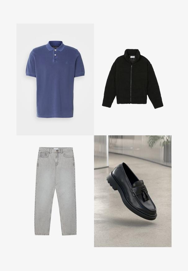 Juoda, pūkuota striukė su užtrauktuku, pagaminta iš tekstūruotos fliso medžiagos. Turi aukštą apykaklę ir šonines kišenes. Stačiakampio formos kūnas su ilgomis rankovėmis.; Tamsiai mėlynas polo marškinėlis, pagamintas iš medvilnės, su trimis mygtukais, trumpomis rankovėmis ir mažuoju logotipu ant krūtinės. Paprastas dizainas.; Šviesiai pilki džinsai su tiesiu kirpimu, penkiais kišenėmis ir mygtuko uždarymu. Matoma siuvimo linija palei siūles.; Juodi odiniai bateliai be užsegimo su lygiu paviršiumi, dekoratyvine kutu, stora guminė pado danga ir siūtais akcentais. Lengvi ir elegantiško dizaino.