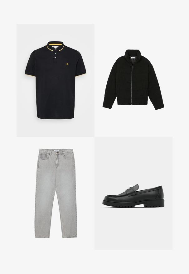 Casaco preto, fofo, com fecho e confeccionado em tecido de lã texturizada. Apresenta gola alta e bolsos laterais. Forma retangular no corpo com mangas compridas.; Camisola polo preta em algodão, com colarinho amarelo e acabamento amarelo nas mangas, placket de três botões e um pequeno logótipo amarelo no peito.; Calças de ganga cinza claro com um design de perna reta, estilo de cinco bolsos e fecho com botão. Costura visível ao longo das costuras.; Sapatilhas de couro preto com bico arredondado, apresentando um design cosido, sola de plataforma baixa e um solado de borracha texturizado e com cravos.