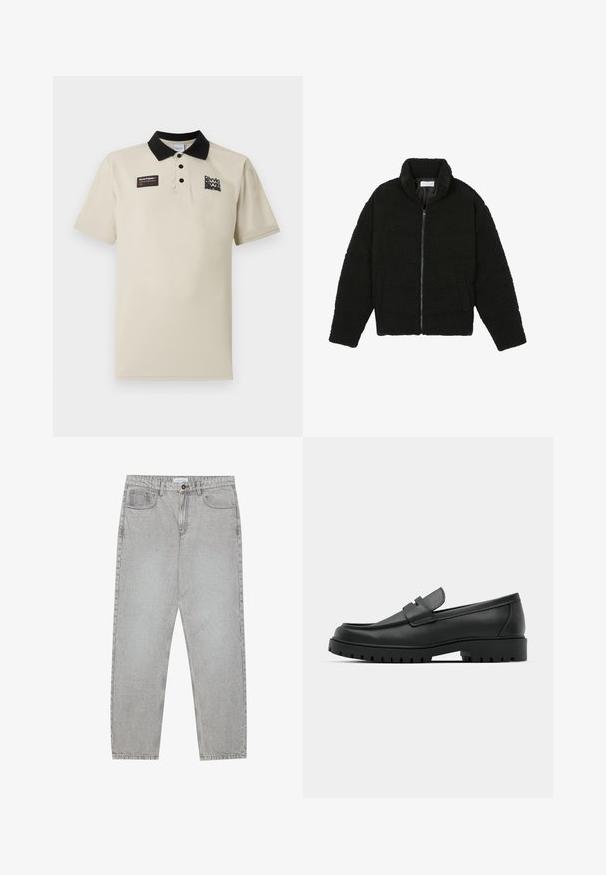 Veste noire duveteuse avec fermeture éclair, fabriquée en tissu polaire texturé. Comprend un col montant et des poches latérales. Forme rectangulaire du corps avec manches longues.; Polo beige en tissu lisse, avec un col noir, trois boutons et un motif graphique sur la poitrine gauche en noir et rouge.; Pantalon en denim gris clair avec une coupe droite, cinq poches et une fermeture à bouton. Coutures visibles le long des coutures.; Mocassins en cuir noir à bout arrondi, avec un design cousu, une semelle plateforme basse et une semelle en caoutchouc texturée et crantée.