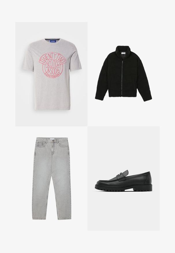 Black, fluffy, zip-up jacket made from textured fleece fabric. Features a high collar and side pockets. Rectangular body shape with long sleeves.; Grey cotton t-shirt featuring a round red graphic print with "TWENTY TWO", "SCOTCH & SODA", and "AMSTERDAM" text. Short sleeves, standard fit.; Light grey denim pants with a straight-leg design, five-pocket styling, and a button closure. Visible stitching along the seams.; Black leather loafers with a rounded toe, featuring a stitched design, low platform sole, and a textured, lugged rubber outsole.