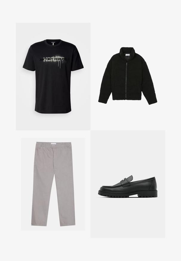 Juoda, pūkuota striukė su užtrauktuku, pagaminta iš tekstūruotos fliso medžiagos. Turi aukštą apykaklę ir šonines kišenes. Stačiakampio formos kūnas su ilgomis rankovėmis.; Juodas medvilninis marškinėlis su purškiamu tekstu „ANTONY MORATO“ pilka spalva ir lašėjimo detalėmis, trumpomis rankovėmis ir apykakle.; Šviesiai pilki medvilniniai treningai su elastinga juosta, dviem šoninėmis kišenėmis, tiesia kojų forma ir glotnia tekstūra. Paprasti siuvimo detalės.; Juodi odiniai loaferiai su apvalia nosimi, su siuvinėtu dizainu, žemu platformos padu ir tekstūruotu, sukibimo raštu padu.