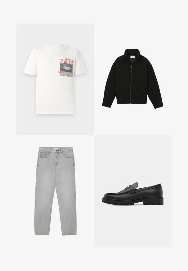 Čierna, nadýchaná bunda na zips vyrobená z textúrovaného fleecového materiálu. Má vysoký golier a bočné vrecká. Obdĺžnikový tvar tela s dlhými rukávmi.; TOM TAILOR DENIM Tričko s potlačou - gardenia white; Svetlošedé denimové nohavice s rovným strihom, piatimi vreckami a zapínaním na gombík. Viditeľné švy pozdĺž švov.; Čierne kožené mokasíny s okrúhlou špičkou, s prešitým dizajnom, nízkou platformou a textúrovanou, zúbkovanou gumovou podrážkou.