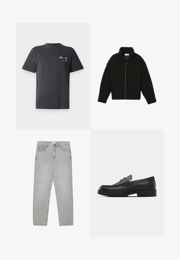 Fekete, bolyhos, cipzáras kabát texturált fleece anyagból. Magas gallérral és oldalzsebekkel rendelkezik. Téglalap alakú test és hosszú ujjak.; Sötétszürke pamut póló, rövid ujjú, kerek nyakkivágással, elöl fehér felirattal: "20 - 07" és "MIAMI DAYS & NIGHTS".; Világosszürke farmernadrág egyenes szabással, öt zsebes stílusban, gombos záródással. Látható varrások az illesztéseknél.; Fekete bőr loafer cipők kerek orral, varrott mintázattal, alacsony platformtalpú és texturált, barázdált gumitalppal.