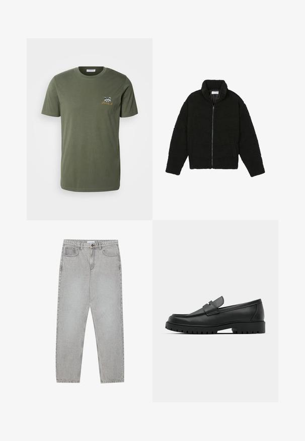 Jachetă neagră, pufoasă, cu fermoar, fabricată din material fleece texturat. Are un guler înalt și buzunare laterale. Formă dreptunghiulară a corpului cu mâneci lungi.; Lindbergh EMBROIDERY TEE - Tricou cu imprimeu - khaki; Pantaloni din denim gri deschis cu un design cu picioare drepte, stil cu cinci buzunare și închidere cu nasture. Cusături vizibile de-a lungul cusăturilor.; Mocasini din piele neagră cu vârful rotunjit, având un design cusut, talpă joasă și o talpă din cauciuc texturat, cu crampoane.