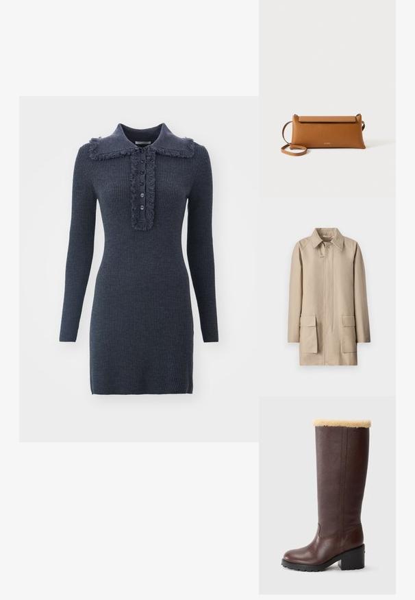 Filippa K PATCH POCKET JACKET - Manteau court - khaki beig; Robe côtelée bleu foncé avec un col effiloché, patte de boutonnage à cinq boutons et manches longues, en tissu tricoté texturé.; Botte en cuir marron jusqu'au genou avec une finition texturée, dotée d'un revers en fausse fourrure crémeuse et d'un talon noir épais.; Sac à main en cuir brun, de forme rectangulaire, surface texturée, bandoulière amovible, fermeture éclair, logo subtil estampé à l'avant.