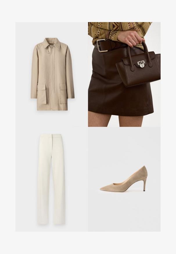 Filippa K PATCH POCKET JACKET - Manteau court - khaki beig; Pull léger en crème, fabriqué en tissu tricoté doux. Présente un col rond, des manches longues, et des poignets et un ourlet côtelés avec un design de manches raglan.; Pantalons larges de couleur crème en tissu doux, avec une taille plate, des poches latérales et des coutures décoratives le long des seams.; Escarpin en suède beige à talon haut avec un embout pointu, un design légèrement découpé, un talon mince et une texture lisse. Style minimaliste.; Sac en cuir marron avec une finition texturée et des accessoires en argent, tenu à la main à côté d'une jupe en cuir marron et d'un pull à motifs.