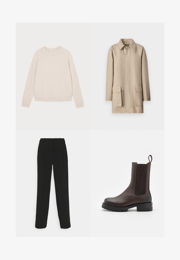 Filippa K PATCH POCKET JACKET - Manteau court - khaki beig; Tiger of Sweden GWYNN - Pullover - eggshell; Pantalons noirs taillés avec une coupe droite, présentant une taille haute, des plis et une texture de tissu lisse.; Bottines en cuir marron avec des panneaux élastiques sur les côtés, une languette de tirage et une semelle épaisse avec un motif de crampons. Fini lisse et design robuste.