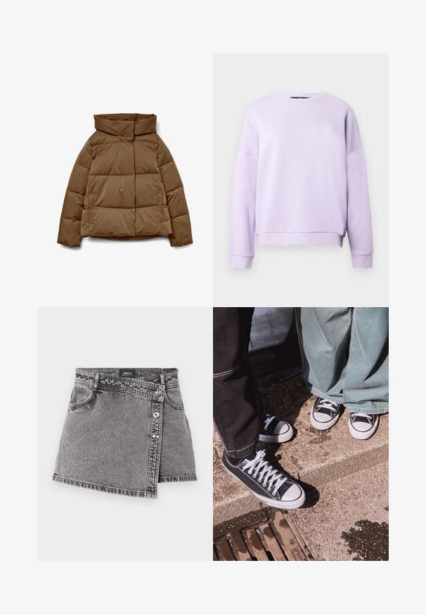 Doudoune marron avec un col montant, une coupe carrée, un motif matelassé horizontal et des poches latérales. Fabriquée dans un tissu lisse et résistant.; Sweatshirt lavande à col rond, épaules tombantes, poignets côtelés et ourlet droit. Fabriqué en tissu doux et texturé.; Jupe mini en denim gris avec une coupe asymétrique, ornée de détails en bouton argenté et d'une poche avant. Texture lisse et design décontracté.; Baskets basses en toile noire avec des embouts et des lacets en caoutchouc blanc, associées à un pantalon en denim vert large, sur une surface en pierre texturée.
