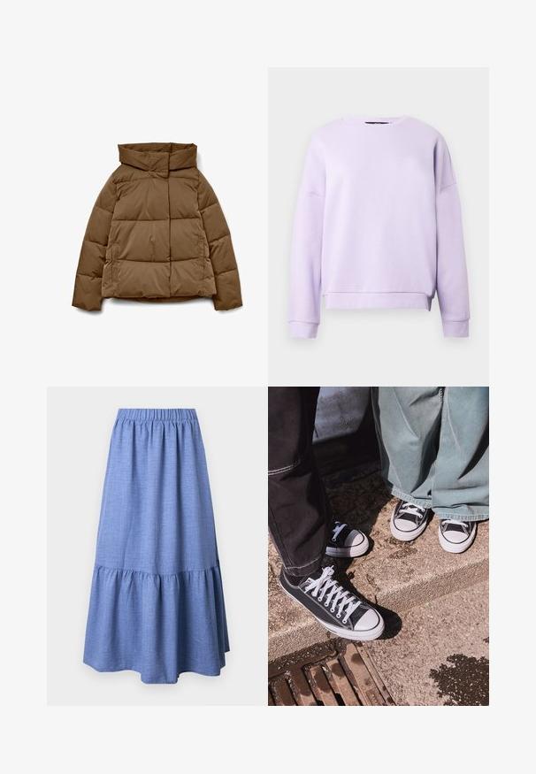 Hnedá prešívaná bunda s vysokým golierom, hranatým strihom, horizontálnym prešívaným vzorom a bočnými vreckami. Vyrobená z hladkej, odolnej látky.; Fialový pulóver so zaobleným výstrihom, spustenými ramenami, rebrovanými manžetami a rovnom spodným lemom. Vyrobený z mäkkej, textúrovanej látky.; Modrá šatová sukňa z chambray s naberaným elastickým pásom a tiered volánom na spodnom okraji, ktorý sa vyznačuje hladkou textúrou a uvoľneným, splývavým strihom.; Čierne plátenné tenisky s nízkym strihom, bielymi gumovými špičkami a šnúrkami, v kombinácii so širokými zelenými denimovými nohavicami, na textúrovanej kamennej ploche.