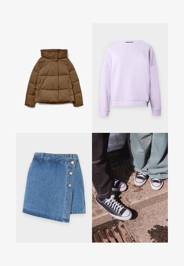 Bruine pufferjas met een hoge kraag, een vierkante vorm, horizontaal doorgestikt patroon en zijzakken. Gemaakt van een gladde, duurzame stof.; Lavendel pullover sweatshirt met een ronde halslijn, verlaagde schouders, geribbelde boorden en een rechte zoom. Gemaakt van zachte, gestructureerde stof.; Denim wikkelrok in lichtblauw. Heeft een hoge taille, een schuine zoom en drie metalen drukknoopjes aan de zijkant. Gladde textuur met subtiele stiksels.; Zwarte canvas lage sneakers met witte rubberen neusdeksels en veters, gecombineerd met brede groene denim broeken, op een gestructureerd stenen oppervlak.