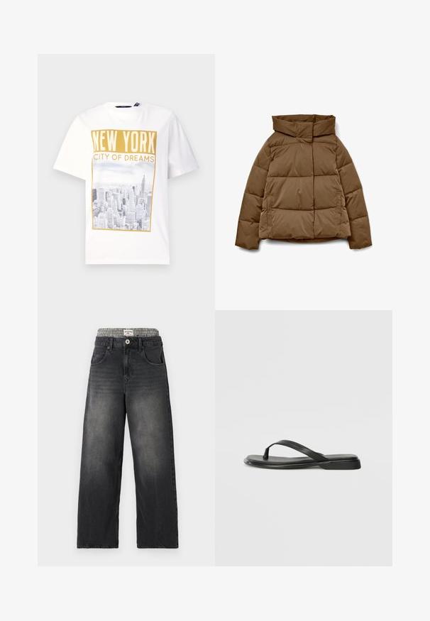 Rjava puhasta bunda z visokim ovratnikom, kvadrataste oblike, vodoravnim vzorcem prešitega blaga in stranskimi žepi. Izdelana iz gladke, trpežne tkanine.; Bela bombažna majica s svetlo črno-belo grafiko skyline New Yorka, z zlatim napisom "NEW YORK CITY OF DREAMS" nad njo.; Črne denim široke hlače z pasom v vzorcu houndstooth. Lastnosti vključujejo sprednje žepe in zapiranje na gumb. Imajo obrabljeno teksturo.; Črne japanke iz gladke usnjene materiale, z tankim trakastim dizajnom in ravnim podplatom minimalnega profila. Brez opaznih vzorcev ali dodatkov.