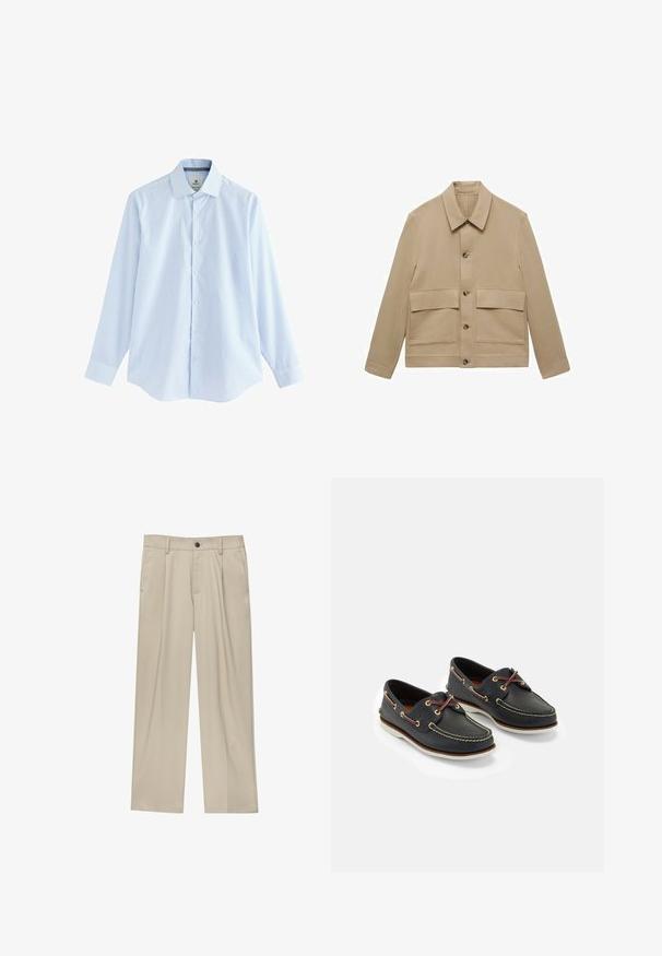 Veste en toile beige avec un design à col, comportant deux grandes poches avant et une fermeture à boutons sur le devant, des manches droites et une texture lisse.; Chemise à manches longues à carreaux bleus avec un col boutonné, fabriquée en tissu léger, dotée de boutons blancs et d'un ourlet arrondi.; Pantalon beige à coupe droite, doté d'un seul bouton noir, de passants de ceinture et de poches latérales. Texture de tissu lisse et design minimaliste.; Bateaux en cuir bleu marine avec des coutures jaunes, des lacets rouges et des œillets en argent ; bout rond ; semelle en caoutchouc blanche.