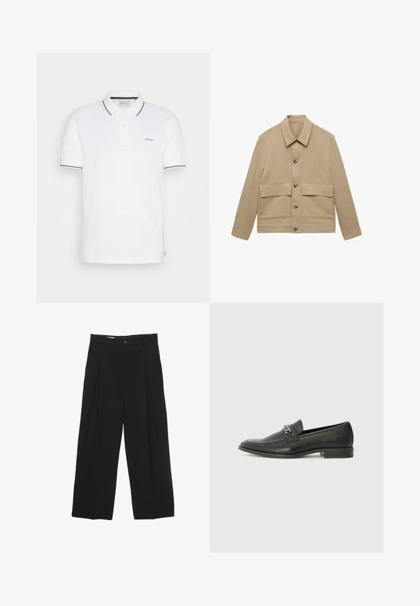 Beige Canvas-Jacke mit Kragendesign, zwei großen Vordertaschen und Knopfverschluss vorne, geraden Ärmeln und einer glatten Textur.; Weißes Polohemd aus Baumwolle, mit einer Knopfleiste mit zwei Knöpfen, kurzen Ärmeln und navyblauer Borte am Kragen und den Ärmeln. GANT-Logo auf der Brust.; Schwarze weit geschnittene Hose aus glattem Stoff, mit flachem Taillenbund, vorderen Falten und einer einzigen Knopfverschlus.; Schwarzer Lederloafer mit glatter Oberfläche, ausgestattet mit einer gesteppten Gestaltung und einem dekorativen Metallkettendetail über dem Vorderblatt. Flacher Absatz.