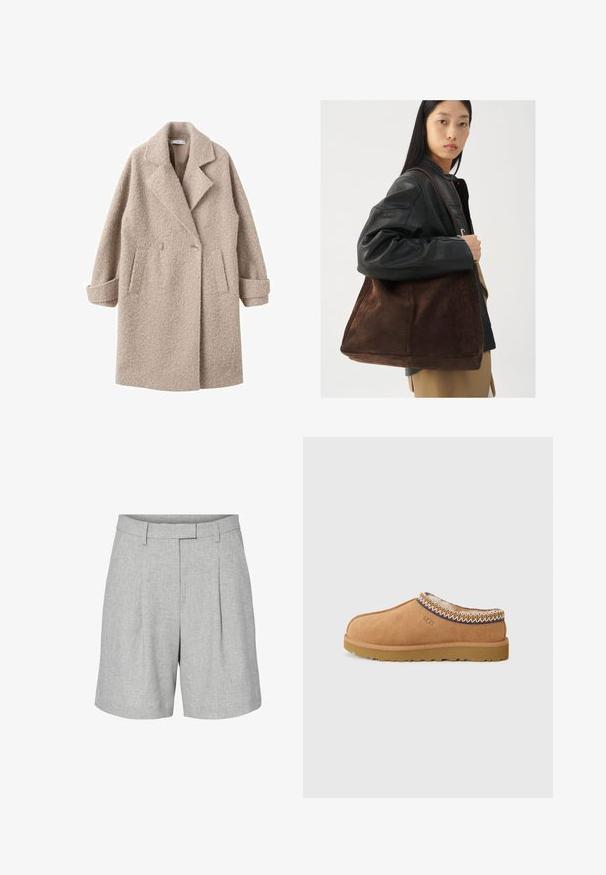 Beige dubbelzijdig jasje gemaakt van textuurwol, voorzien van een gekartelde kraag en zijzakken, met opgerolde mouwen en een zachte afwerking.; Witte lange mouwtrui, cropped ontwerp, zachte textuur, ronde hals, ribgebreide manchetten en zoom, minimalistische stijl zonder zichtbare patronen of hardware.; Lichtgrijze op maat gemaakte shorts van een gestructureerde stof, met een tailleband, plooien en een rechte pijp.; Tan suede instapschoen met een gestructureerde wollen voering en decoratieve etnische stiksel rond de kraag. Voorzien van een rubberen zool.; Bruine suède tote bag met een brede vorm en zachte textuur, voorzien van een enkele schouderband en minimale hardware tegen een neutrale achtergrond.