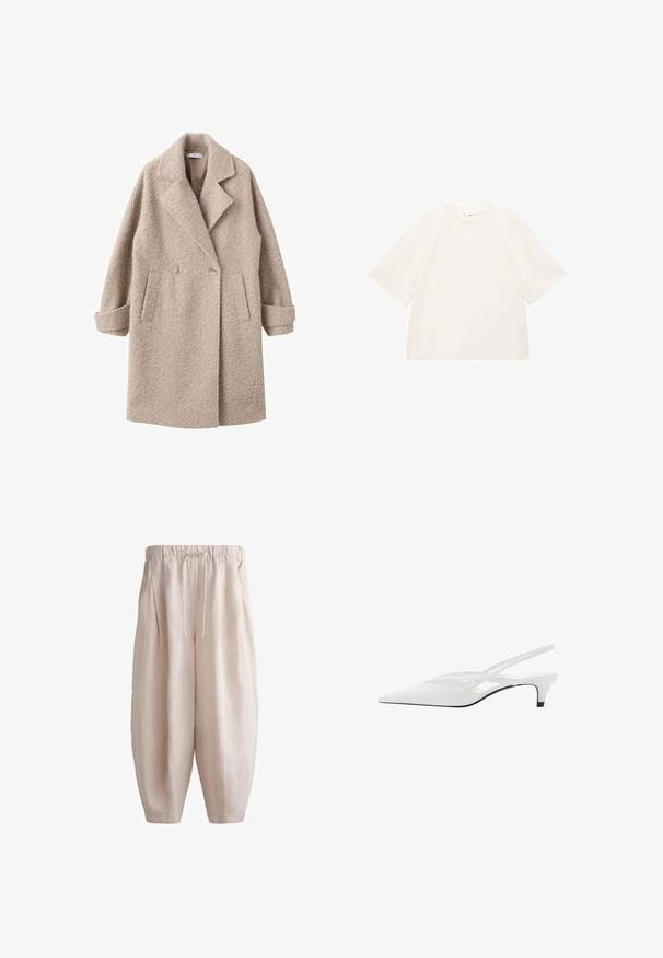 Bež plašč z dvojnim zapenjanjem, izdelan iz teksturirane volne, z izrezanim ovratnikom in stranskimi žepi, valovitimi manšeti in mehkim zaključkom.; Prevelika bela bombažna majica s kratkimi rokavi, okroglo izrezom in gladko teksturo. Brez vzorcev ali vidnih kovinskih detajlov.; Lanene harem hlače v svetlo bež barvi. Imajo elastiko v pasu z vrvico, pregibe spredaj in zožene gležnje. Gladka tekstura.; Bela slingback peta z ošiljenim nosom, z gladkim zgornjim delom, subtilnimi izrezi in nizkim blok petkom. Črna podplat poudarja dizajn.