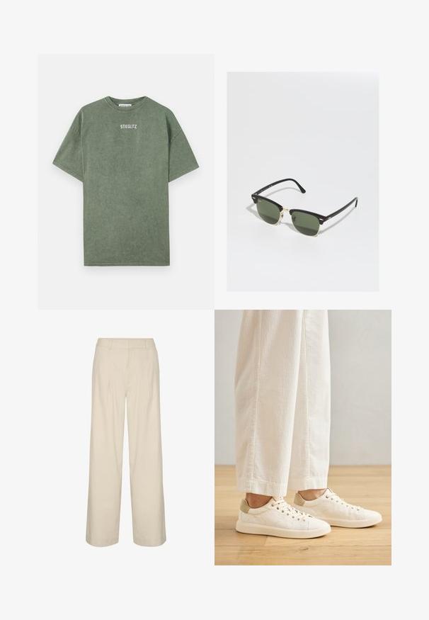 Beige dobbeltrækket frakke lavet af tekstureret uld, med en spids krave og sidelommer, samt opfoldede manchetter og en blød finish.; Grøn bomulds t-shirt med rund halsudskæring, korte ærmer og et trykt "STIEGLITZ" logo på brystet. Blød tekstur og afslappet pasform.; Beige vidde bukser i en lin-blanding, der har en høj talje, folder og en glat tekstur. Ingen synlige hardware eller mønstre.; Cremefarvede sneakers med strukturstof øverst, kontrasterende beige hæl og flad gummisål. Snørebåndsdesign med seks snørrehuller.; Sorte og gyldne solbriller med grønne linser, der har en katteøjeform, metalliske detaljer og en tekstureret ramme.